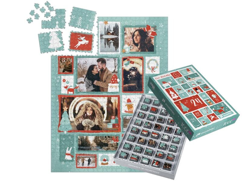 Puzzle z 1000 elementów na 24 dni – świąteczne wzory kolaży wraz ze spersonalizowanym pudełkiem