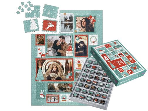 Puzzle z 1000 elementów na 24 dni – świąteczne wzory kolaży wraz ze spersonalizowanym pudełkiem