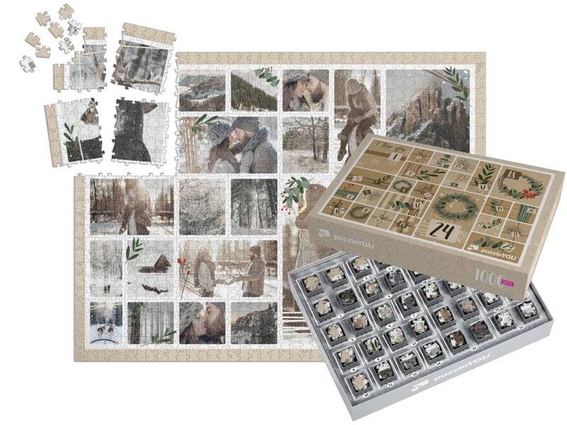 Kolaż z fotopuzzli z 24 zdjęciami i świątecznym pudełkiem