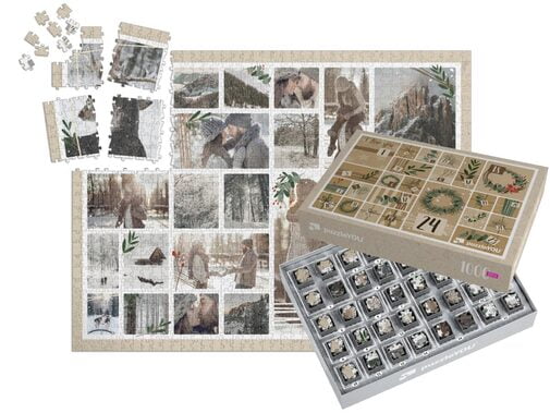 Kolaż z fotopuzzli z 24 zdjęciami i świątecznym pudełkiem
